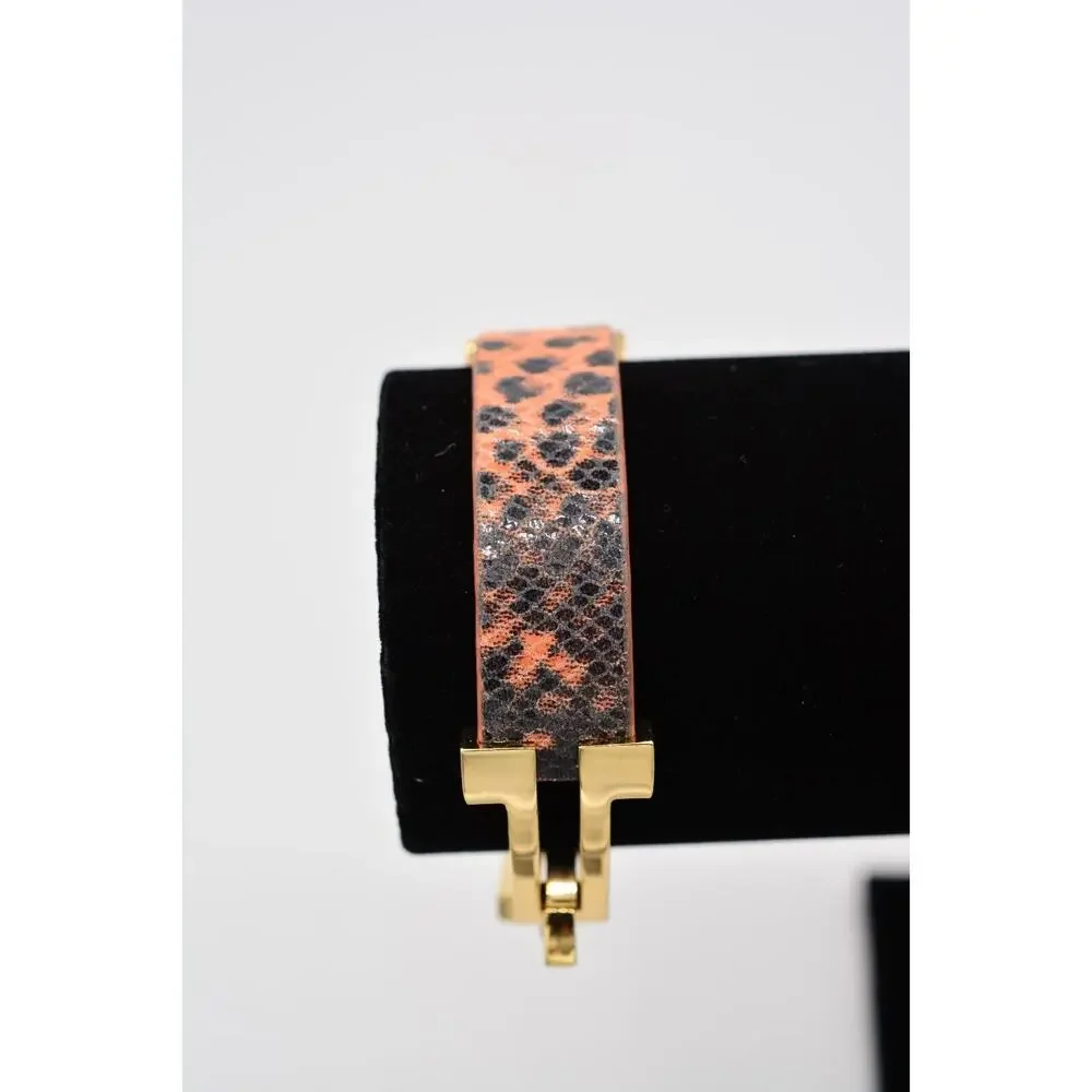 Cabi Vintage ID Bracelet Gold Tone Chain Orange Reptile Metallic Signed Bin2